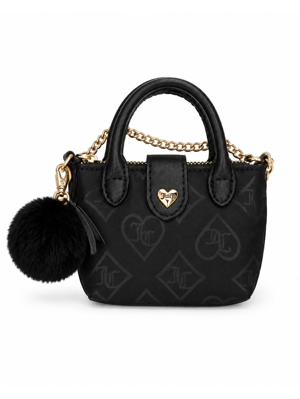 Juicy Couture Black Mini Satchel Crossbody Bag Gold Chain Pom Pom NWOT